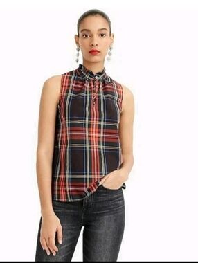 J Crew Stewart Tartan Plaid Cotton Poplin Ruffleneck Top, Keyhole Front, EUC, 10